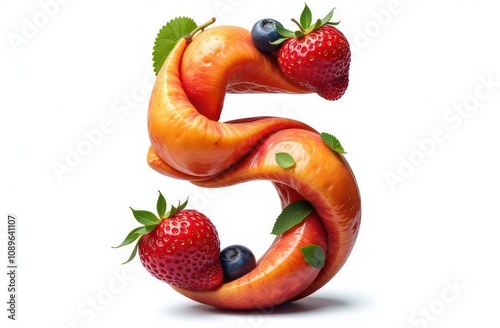 Intertwined fruits letter “5”, realist precision, high saturation, beautiful, inspiring, isolated, flat white background  photo