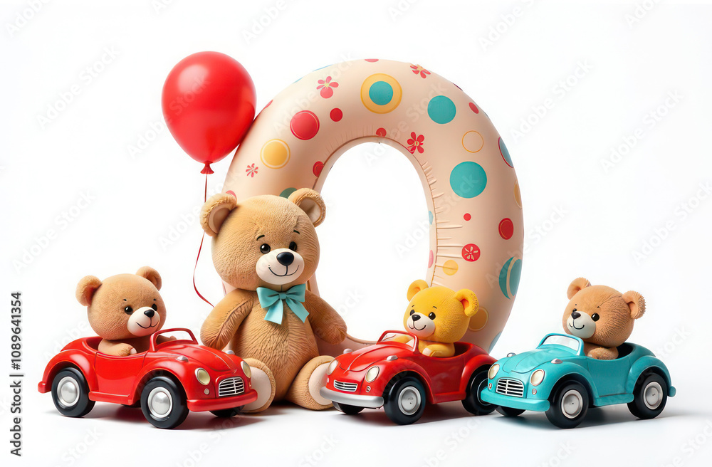 Obraz premium Intertwined kids toys, kids cars, teddy bears, letter “0”, realist precision, high saturation, beautiful, inspiring, isolated, flat white background