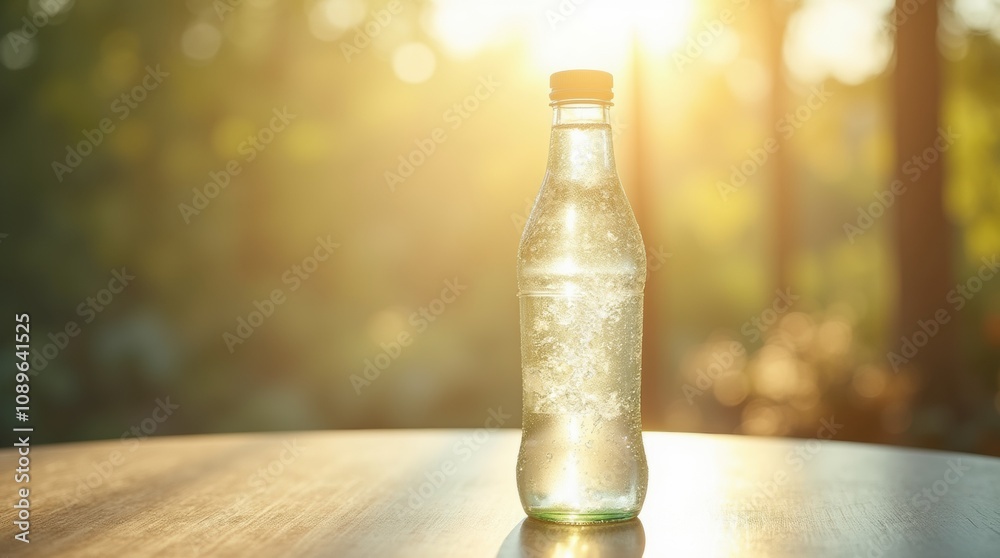 clear isotonic drink in a transparent bottle with condensation, placed on a table outdoors. Mockup clear isotonic drink in a transparent bottle with condensation, placed on a table outdoors. Mockup