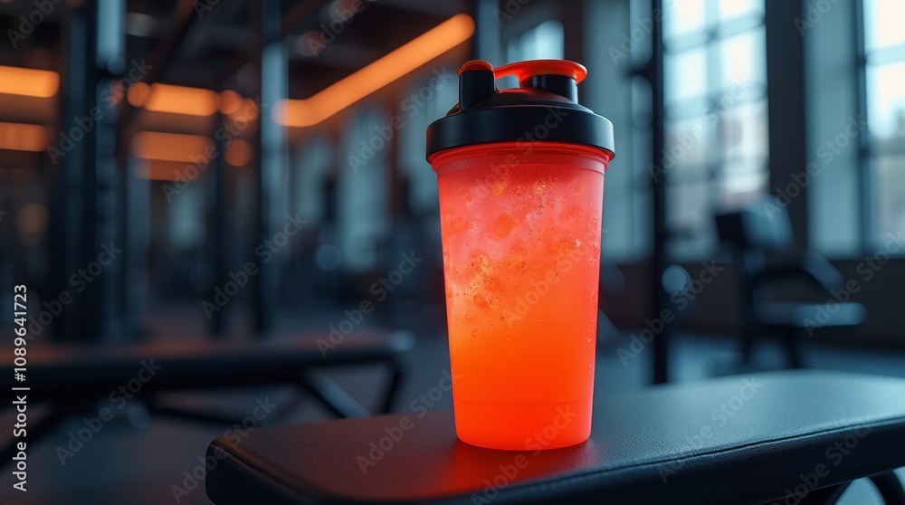 close-up of a pre-workout drink in a shaker bottle with bright neon liquid, placed on a gym bench, energetic and intense atmosphere close-up of a pre-workout drink in a shaker bottle with bright neon liquid, placed on a gym bench, energetic and intense atmosphere