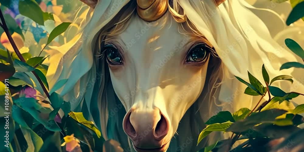 A shy unicorn foal peeking out from behind a veil of shimmering vines in a hidden garden, 4K Video