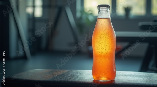 isotonic drink in a frosted bottle with condensation droplets, placed on a gym bench post-workout photo