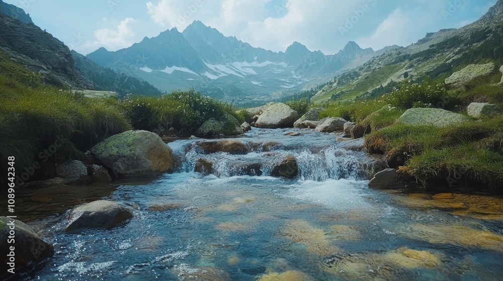 Mountain Stream Flows Through Rocky Valley Landscape Mountain Stream Flows Through Rocky Valley Landscape