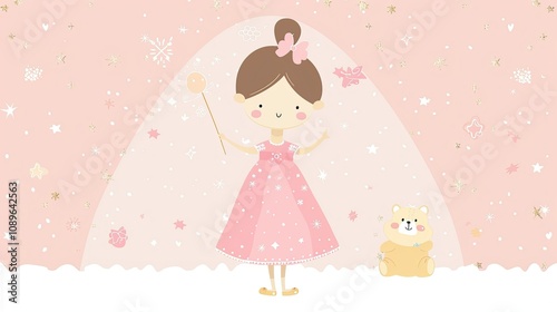 Cute girl in a pink dress with a bow