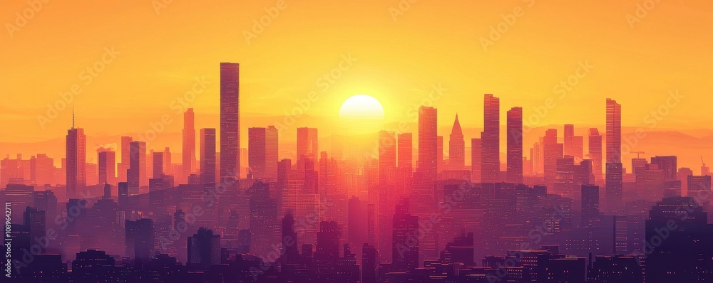 Stunning city skyline at sunrise with towering skyscrapers and vibrant colors Stunning city skyline at sunrise with towering skyscrapers and vibrant colors