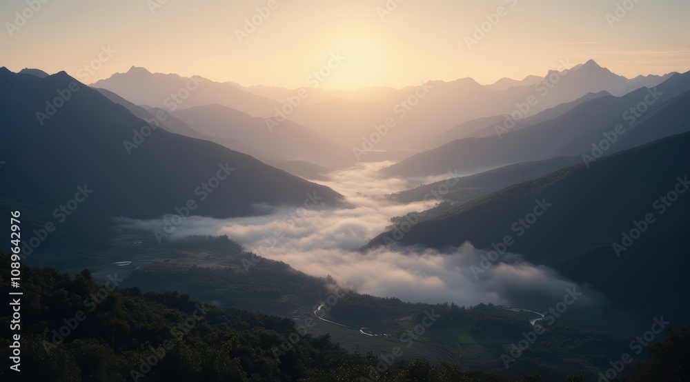Serene mountain landscape at sunrise Serene mountain landscape at sunrise