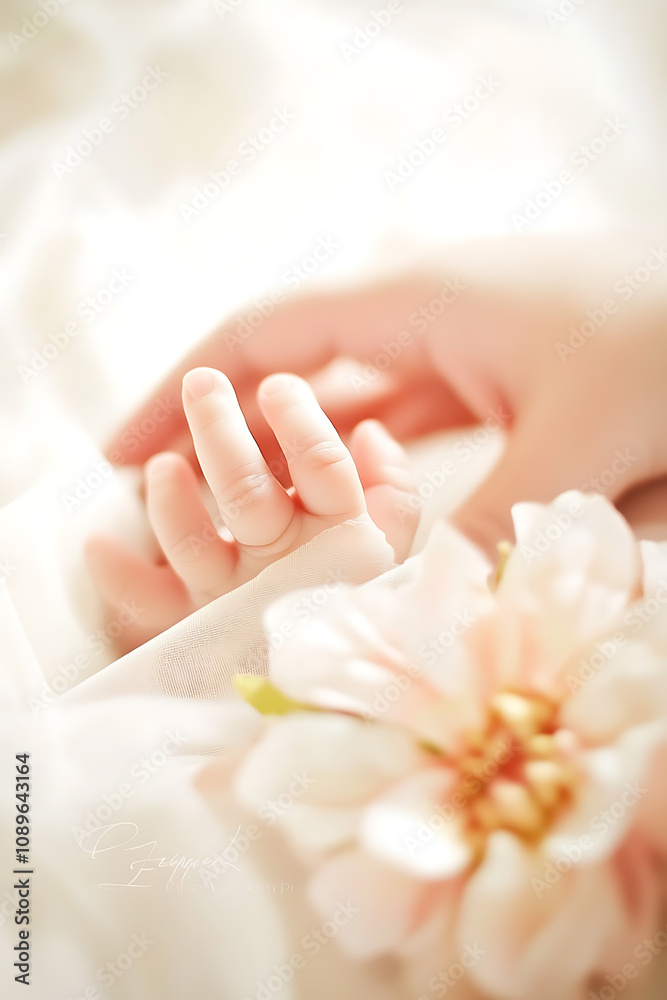 close up of newborn baby hand gently held by adult, surrounded by soft fabric and delicate flower, creating serene and tender atmosphere close up of newborn baby hand gently held by adult, surrounded by soft fabric and delicate flower, creating serene and tender atmosphere