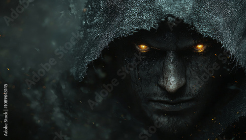 Hooded character with illuminated eyes in suspenseful atmosphere, evoking mystery and intrigue. dark setting enhances dramatic effect photo