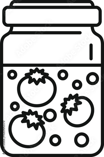Glass jar with preserved tomatoes, brine, and bubbles, an outline icon representing home canning or food preservation