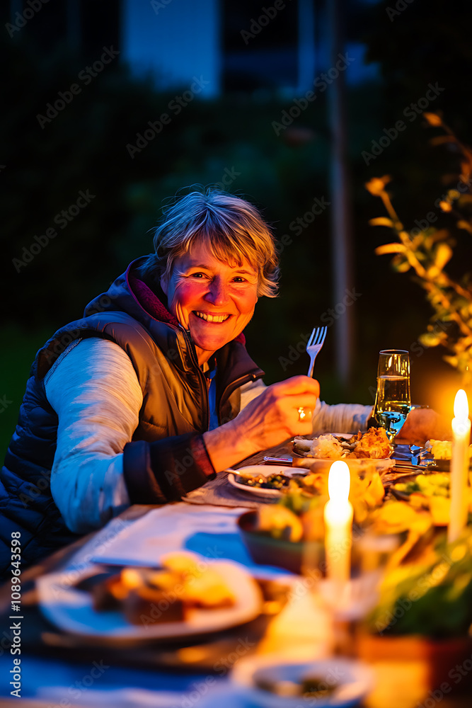 elderly woman enjoys cozy outdoor dinner with family, surrounded by candlelight and warm atmosphere elderly woman enjoys cozy outdoor dinner with family, surrounded by candlelight and warm atmosphere