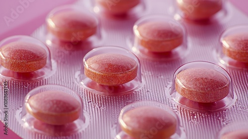 Pink blister pack of round medicine pills close up photo