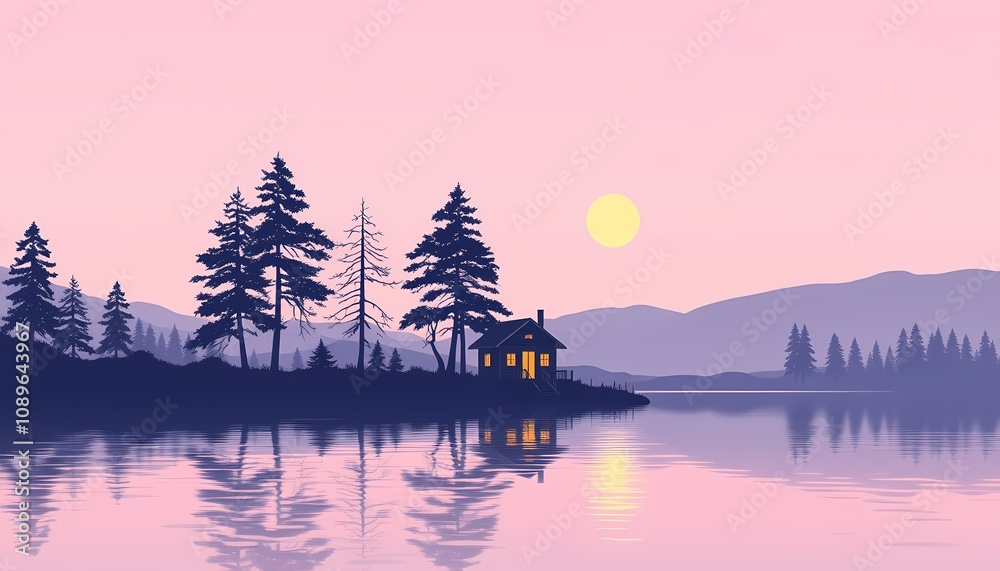 Fototapeta premium Peaceful Lakeside Cabin Sunset