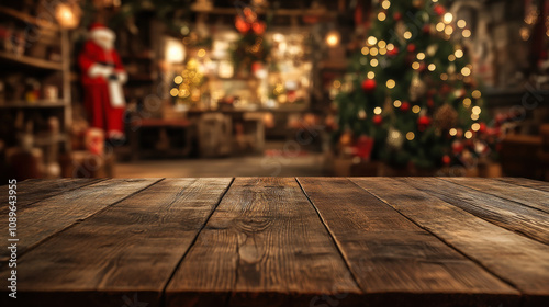 A rustic wooden table in a cozy room decorated for Christmas with a tree in the background, creating a festive atmosphere photo