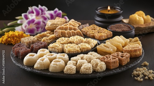 Colorful Assortment of Traditional Sweets on a Dark Tray