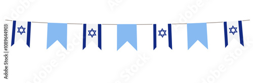 Israel flags bunting garland. Textile, paper party flags in blue and white with David star isolated on background. Vector illustration, web banner. Jewish holiday, anniversary garden party decoration	