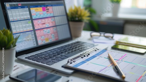 A close-up of a business planner on a desk, with a laptop and smartphone showing synchronized schedules photo