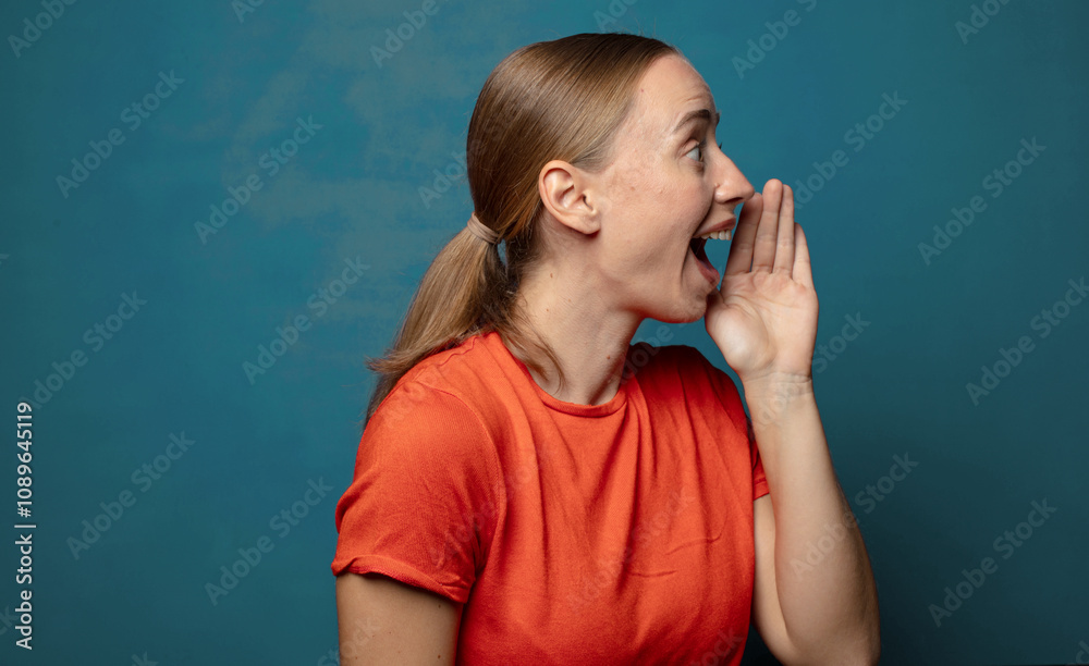 profile view, looking happy and excited, shouting and calling to copy space on the side profile view, looking happy and excited, shouting and calling to copy space on the side