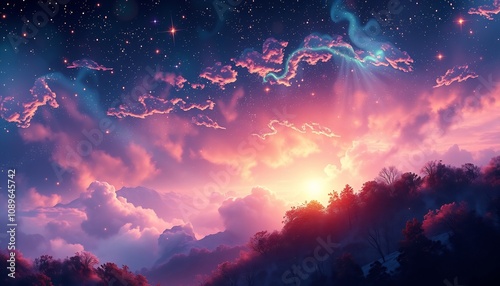 Pink and Blue Nebula Over Mountains with a Forest in the Foreground.