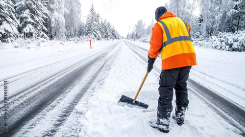 Worker Clearing Snow from Road with Shovel in Winter. Urban Maintenance and Safety