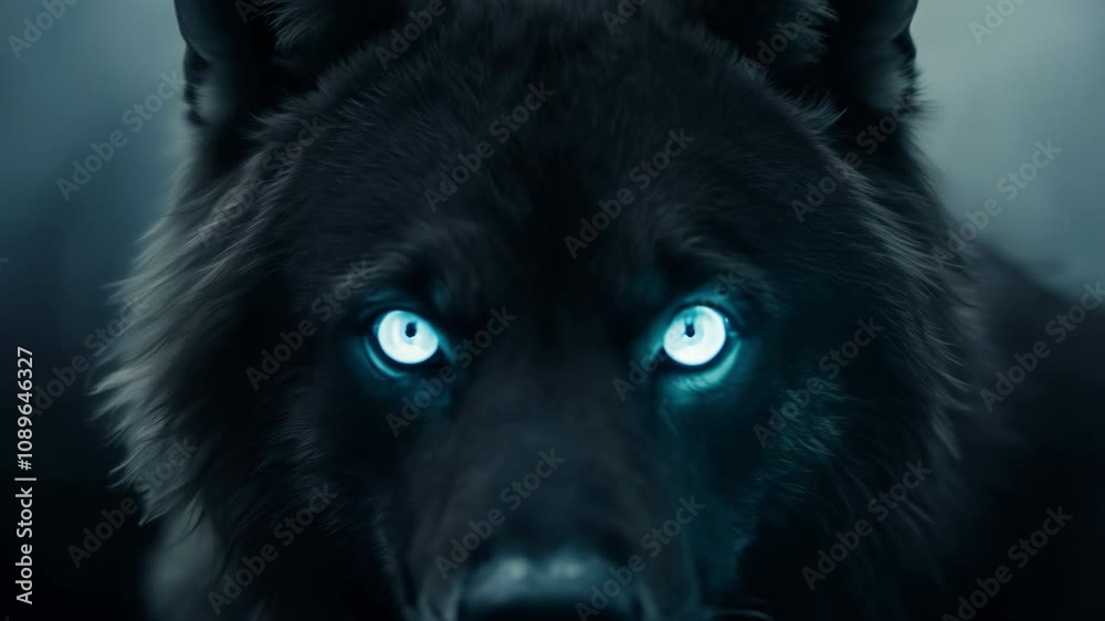 Portrait of a werewolf in fog with blue glowing eyes looking straight at camera. Slow motion closeup. Magical creature, shapeshifter fantasy theme. High quality 4k footage Portrait of a werewolf in fog with blue glowing eyes looking straight at camera. Slow motion closeup. Magical creature, shapeshifter fantasy theme. High quality 4k footage