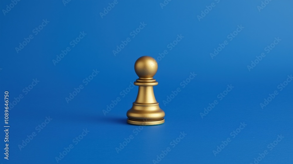 A golden chess pawn standing alone on a vibrant blue background.