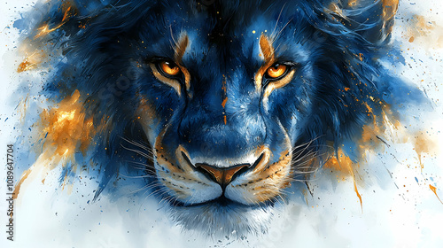 Majestic blue lion with intense eyes, surrounded by vibrant splashes of color, symbolizing power and creativity. photo