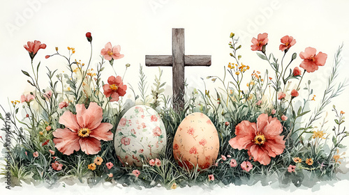 Wallpaper Mural A serene Easter scene featuring decorated eggs and a wooden cross surrounded by vibrant flowers, symbolizing renewal and hope. Torontodigital.ca
