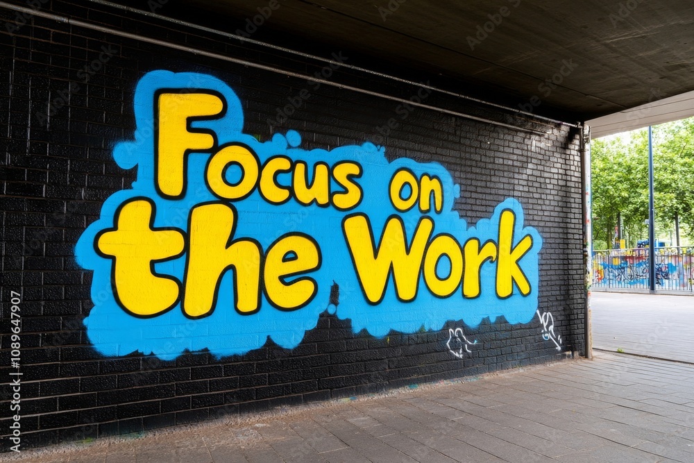 Vibrant Urban Graffiti Art with Motivational Focus on the Work Message on a City Wall Vibrant Urban Graffiti Art with Motivational Focus on the Work Message on a City Wall