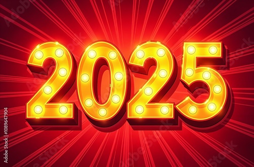 Shining golden number 2025 on red background in comics style
