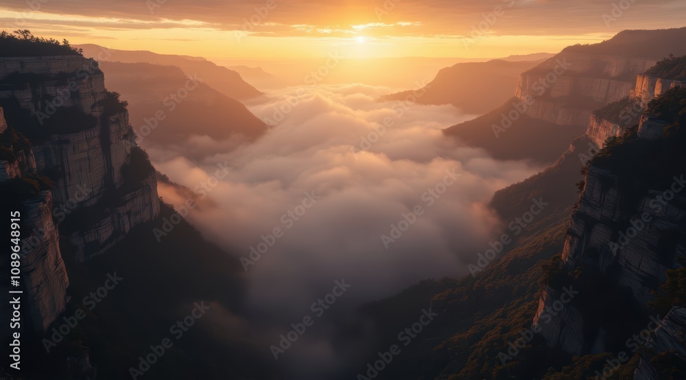 Breathtaking sunset over misty valley Breathtaking sunset over misty valley