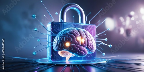 A futuristic image of a digital brain protected by a virtual lock, illustrating the importance of protecting personal data in the digital age.