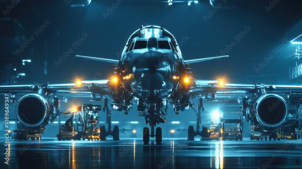 A modern aircraft being serviced in a dimly lit hangar at night with bright lights illuminating the surroundings and equipment A modern aircraft being serviced in a dimly lit hangar at night with bright lights illuminating the surroundings and equipment