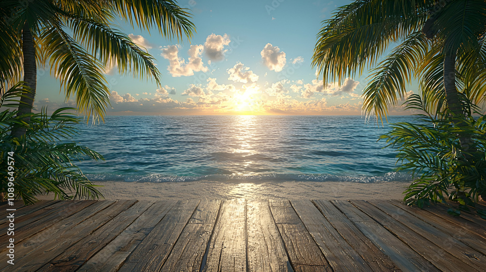 A serene beach scene at sunrise, featuring gentle waves, a wooden deck, and lush palm trees framing the tranquil ocean view. A serene beach scene at sunrise, featuring gentle waves, a wooden deck, and lush palm trees framing the tranquil ocean view.