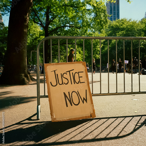 Justice Now Protest Sign in Urban Park-1