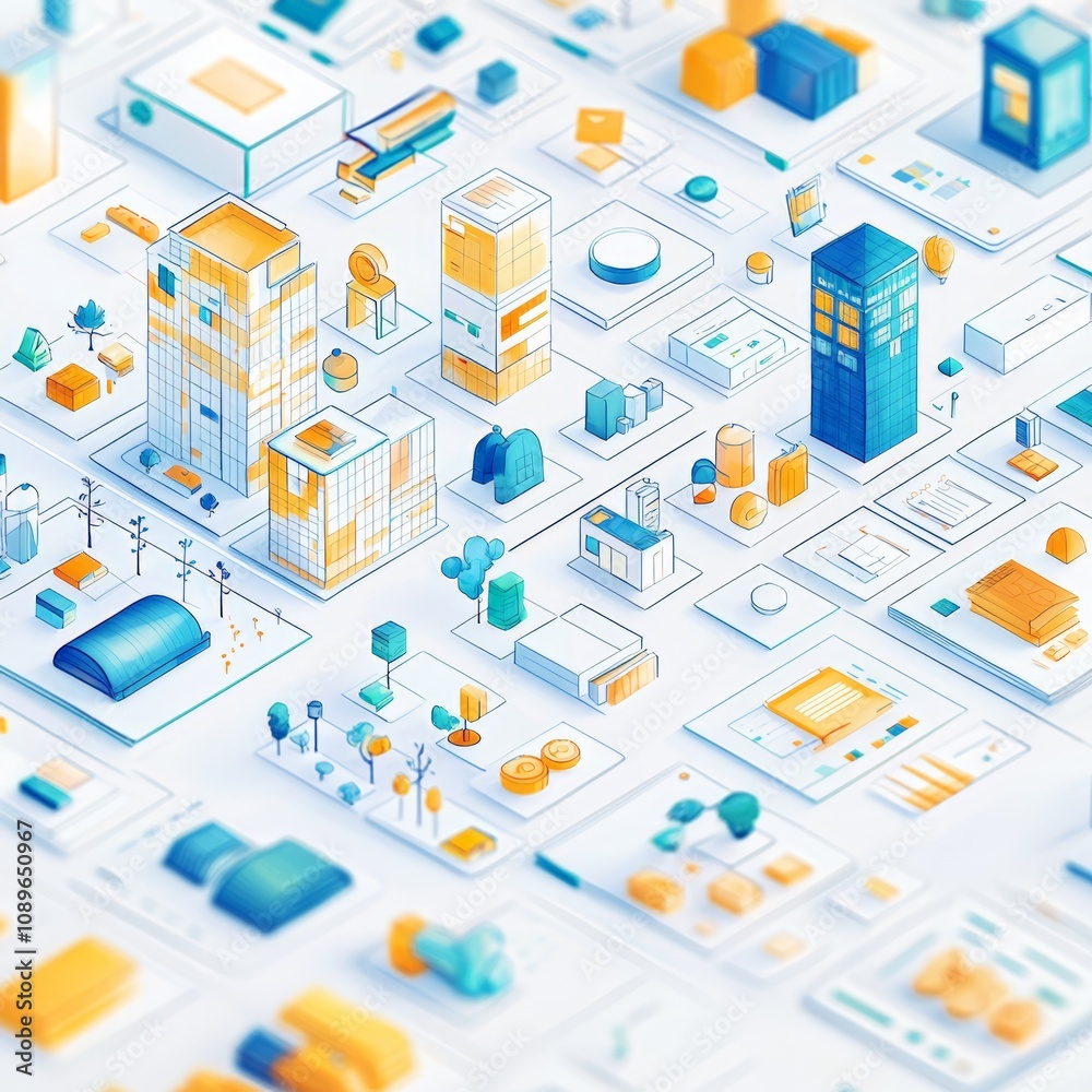 Isometric Illustration of a Modern Cityscape with Buildings, Trees, and Data Visualization Elements Isometric Illustration of a Modern Cityscape with Buildings, Trees, and Data Visualization Elements