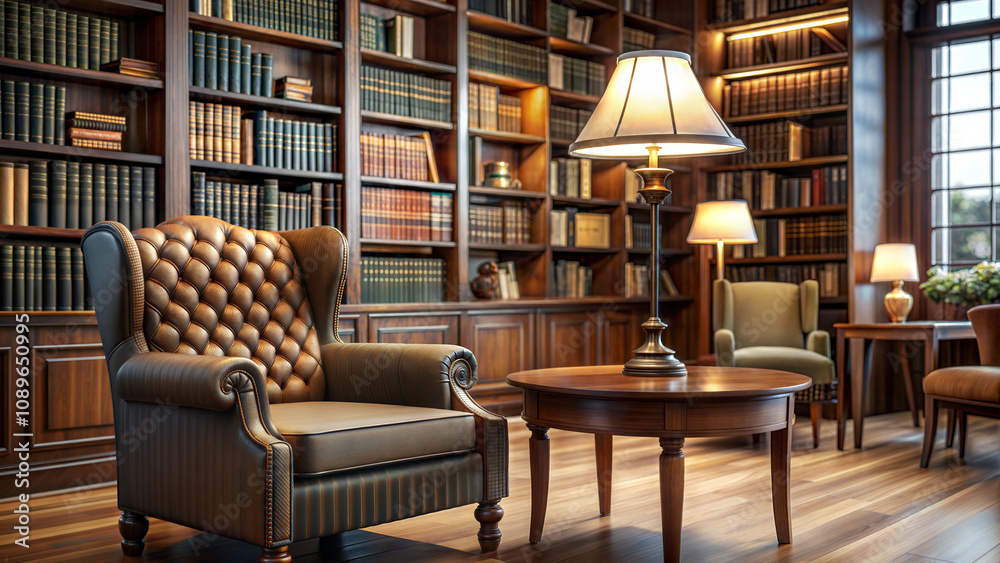 Cozy library with a large leather chair, wooden table and lamp