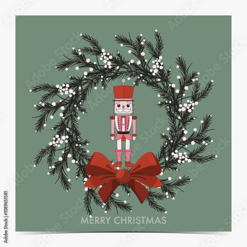 Merry Christmas - cute greeting card, postcard, invitation with pink and red Christmas nutcracker inside of the wreath, green background, vector illustration