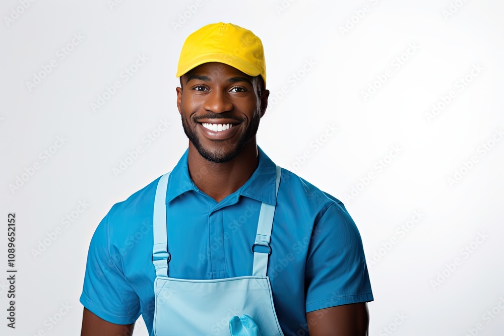 A black worker in a cleaning uniform on a white background
