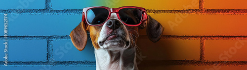 stylish dog wearing red sunglasses poses against vibrant blue and orange brick wall, exuding cool and relaxed vibe. This playful scene captures essence of fun and leisure