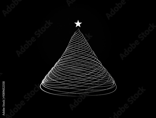 Elegant minimalistic Christmas tree outline in white on a black background. A modern and abstract holiday design perfect for digital cards and banners.