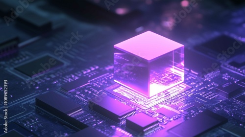 A purple light shines on the chip, which is reflected in an illustration of two small white squares stacked on top of each other. The background features circuit boards and dark blue tones
