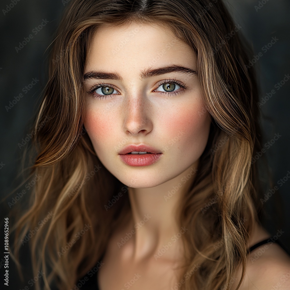 Fototapeta premium Portrait of a young woman with freckles and light brown hair.