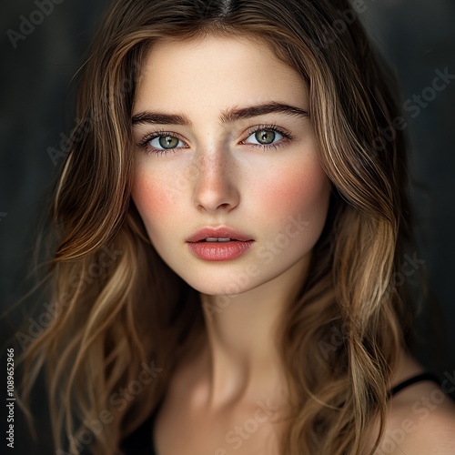  Portrait of a young woman with freckles and light brown hair.