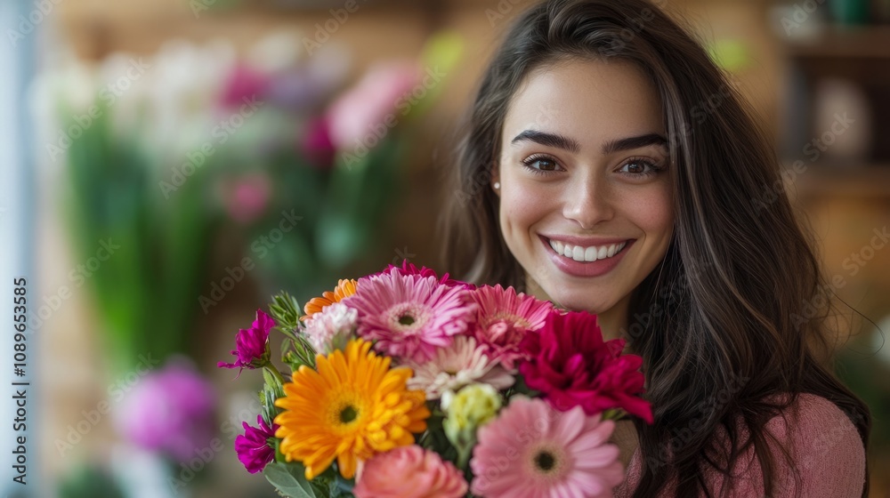 Elegant woman with long hair holding a vibrant bouquet of fresh flowers, generative ai Elegant woman with long hair holding a vibrant bouquet of fresh flowers, generative ai