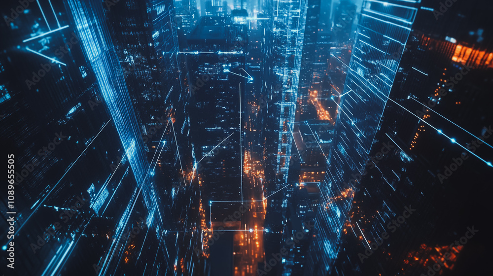 Fototapeta premium Smart digital Innovation Business skyscrapers in the Financial District with connection network reciprocity over the cityscape. of future smart wireless digital city and social media networking