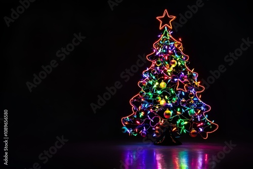 Vibrant neon silhouette of a decorated Christmas tree isolated on black background.