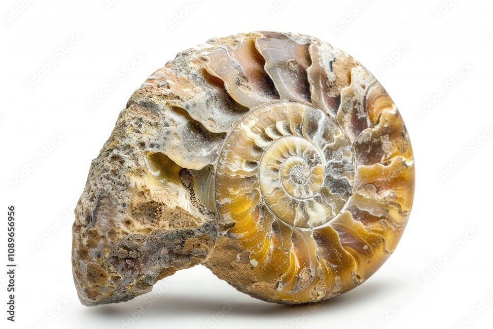 Close up of ammonite, extinct spiral shelled cephalopods, fossil on white background, macro. Close up of ammonite, extinct spiral shelled cephalopods, fossil on white background, macro.