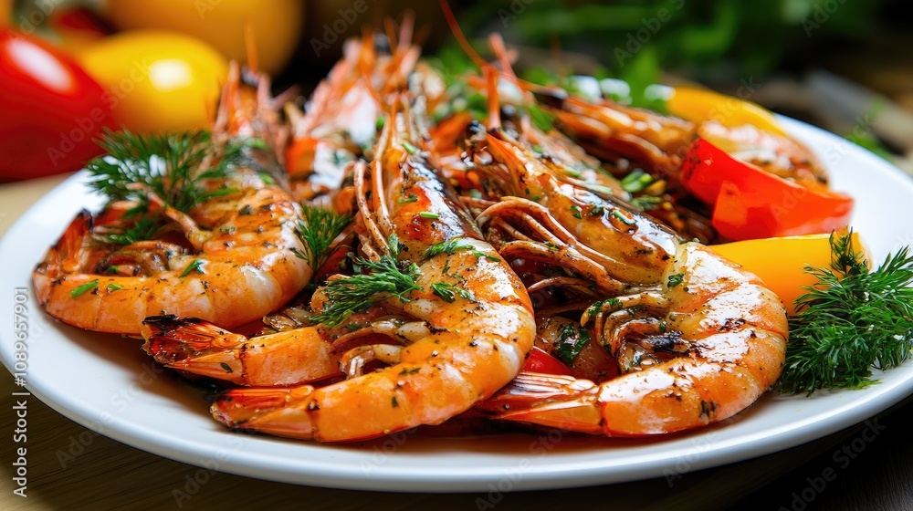 Grilled Shrimp Plate with Fresh Herbs and Colorful Vegetables Showcasing Culinary Delight for Seafood Lovers and Food Photography Enthusiasts Grilled Shrimp Plate with Fresh Herbs and Colorful Vegetables Showcasing Culinary Delight for Seafood Lovers and Food Photography Enthusiasts
