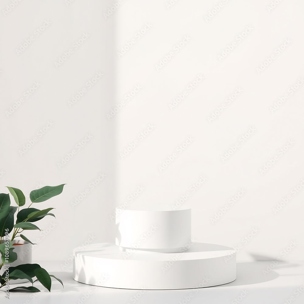 White podium with plant and shadow on white background. White podium with plant and shadow on white background.