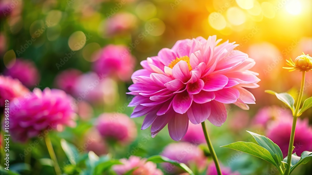 Fototapeta premium Tilt-shift captures a blooming flower close-up, pink hues.